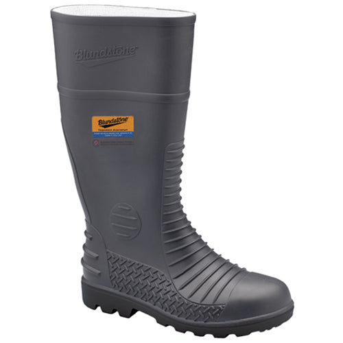 Blundstone 024 Steel Midsole Safety Gumboot, featuring a rugged design with reinforced ankle and steel toe cap, ideal for harsh work environments, visible with heavy-duty tread and comfort knit lining.