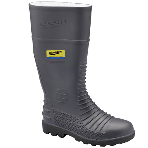 Blundstone 025 PVC/Nitrile Safety Gumboot, featuring a robust steel toe cap and heavy-duty tread, ideal for chemical and oil resistance, showcased in a close-up highlighting its durable construction and ergonomic design.