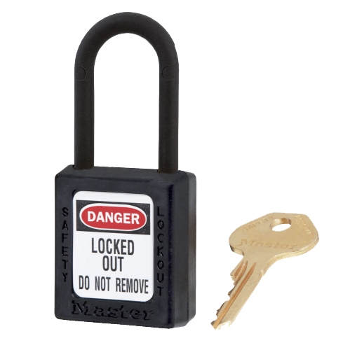 Master Lock 0406 Dielectric Safety Padlock Black, featuring a close-up of its non-sparking, non-magnetic thermoplastic design with a plastic shackle, ideal for Lockout/Tagout applications.