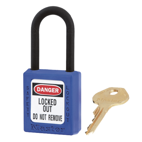 Master Lock 0406 Dielectric Safety Padlock Blue, showcasing a blue padlock with two black handles, designed for safety with non-sparking, non-magnetic features, ideal for Lockout/Tagout applications.