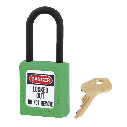 Master Lock 0406 Dielectric Safety Padlock, featuring a green thermoplastic body with a plastic shackle, designed for safety in electrical environments. Ideal for lockout/tagout applications, enhancing workplace safety.