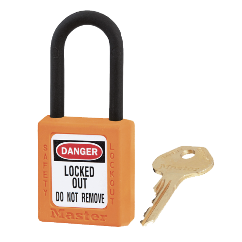 Master Lock 0406 Dielectric Safety Padlock Orange, featuring a close-up of a plastic shackle designed to prevent electrocution, with non-sparking and non-magnetic components for Lockout/Tagout applications.