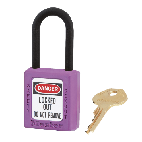 Master Lock 0406 Dielectric Safety Padlock features a non-sparking, non-magnetic plastic shackle designed for Lockout/Tagout applications, shown with its key on a black background.