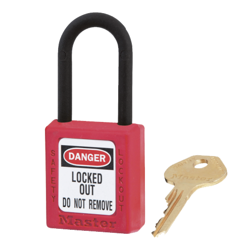 Master Lock 0406 Dielectric Safety Padlock Red, featuring a close-up of its key and padlock design, showcasing non-sparking, non-magnetic safety features ideal for Lockout/Tagout applications.