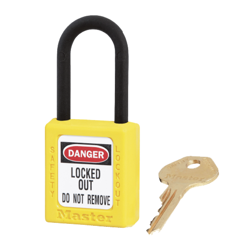 Master Lock 0406 Dielectric Safety Padlock Yellow, featuring a yellow body with a plastic shackle and key, designed for Lockout/Tagout applications to prevent electrical hazards. Ideal for workplace safety.