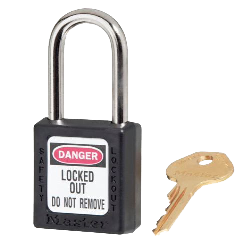 Master Lock 0410 Safety Padlock Black shown with a key, featuring a durable thermoplastic body and key-retaining cylinder, ideal for Lockout/Tagout applications in the safety equipment sector.