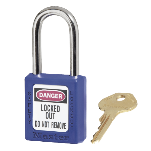 Master Lock 0410 Safety Padlock Blue, featuring a high-security, reserved-for-safety cylinder with key retaining. Designed for Lockout/Tagout, ideal for workplace safety applications.