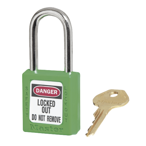 Master Lock 0410 Safety Padlock Green, featuring a durable thermoplastic body, shown with a close-up of its secure key-retaining mechanism, ideal for Lockout/Tagout applications in workplace safety environments.