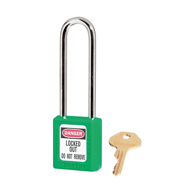 Load image into Gallery viewer, Master Lock 410 Zenex Thermoplastic Safety Padlock KD, 76mm, shown with its brass key, features a non-conductive, lightweight body and tall metal shackle, ideal for Lockout/Tagout safety applications.