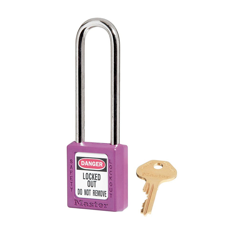 Load image into Gallery viewer, Master Lock 410 Zenex Thermoplastic Safety Padlock KD, 76mm, shown with a brass key. The purple padlock features a DANGER – LOCKED OUT label, ideal for Lockout/Tagout applications.