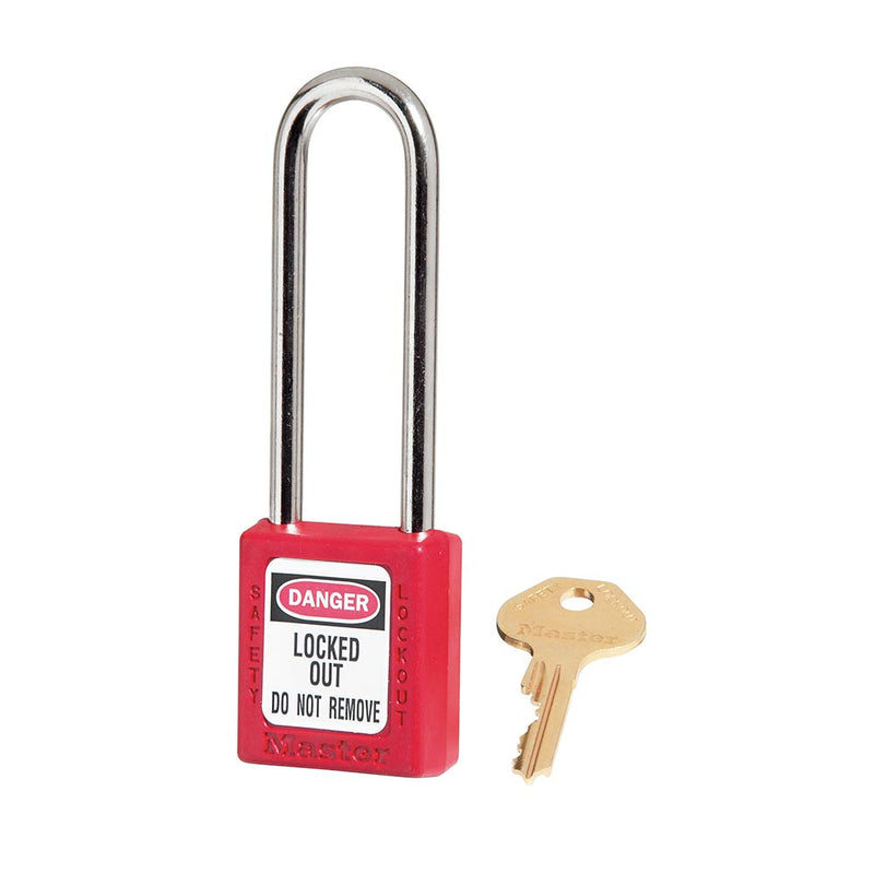 Load image into Gallery viewer, Master Lock 410 Zenex Thermoplastic Safety Padlock KD, 76mm, with red body and long shackle, labeled for lockout safety, shown with accompanying brass key, ideal for workplace safety protocols.