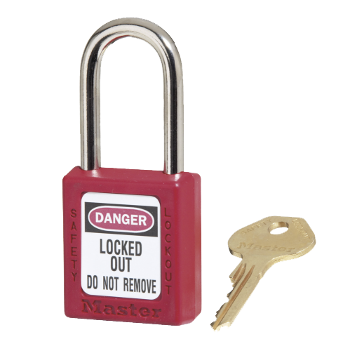 Master Lock 0410 Safety Padlock Red, featuring a durable, non-conductive body with a secure key-retaining cylinder, ideal for Lockout/Tagout applications, depicted alongside its matching key on a plain background.