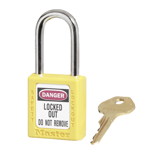 Master Lock 0410 Safety Padlock Yellow, featuring a durable thermoplastic body with a secure key retaining mechanism, ideal for Lockout/Tagout applications, highlighted by a close-up of the lock and key.