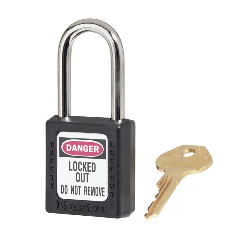 Load image into Gallery viewer, Master Lock 410 Zenex Thermoplastic Safety Padlock KD, 38mm with a long shackle and DANGER – LOCKED OUT – DO NOT REMOVE label, shown beside its brass key, for industrial lockout/tagout.
