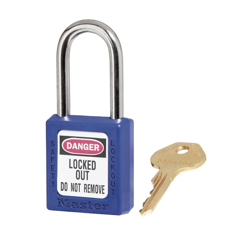 Load image into Gallery viewer, Master Lock 410 Zenex Thermoplastic Safety Padlock KD, 38mm, features a black, non-conductive plastic body, metal shackle, and DANGER – LOCKED OUT – DO NOT REMOVE label, shown with its matching brass key.