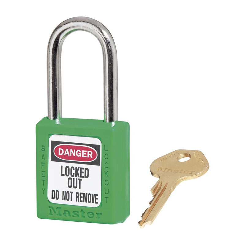 Load image into Gallery viewer, Master Lock 410 Zenex Thermoplastic Safety Padlock KD, 38mm, with DANGER – LOCKED OUT – DO NOT REMOVE label, sits beside its brass key, designed for secure Lockout/Tagout applications.