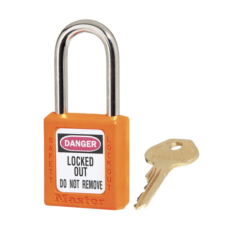 Load image into Gallery viewer, Master Lock 410 Zenex Thermoplastic Safety Padlock KD, 38mm, with a bright orange body and chrome shackle labeled DANGER – LOCKED OUT – DO NOT REMOVE, shown with its accompanying brass key.