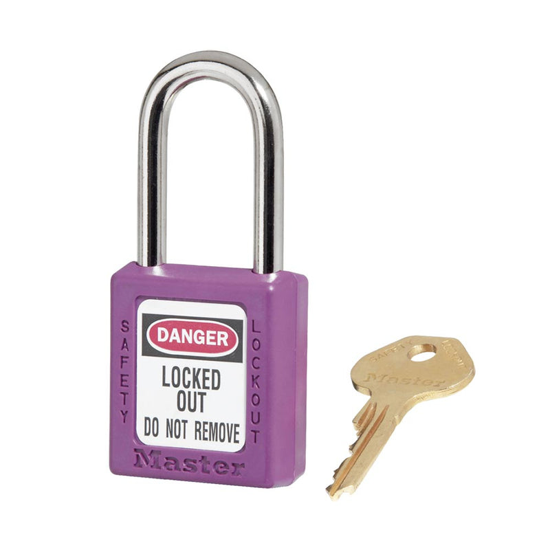 Load image into Gallery viewer, Master Lock 410 Zenex Thermoplastic Safety Padlock KD, 38mm, features a purple body labeled “DANGER – LOCKED OUT DO NOT REMOVE,” with a brass key, suitable for Lockout/Tagout safety applications.