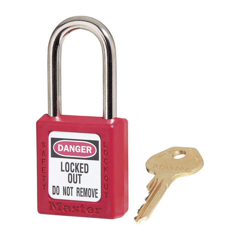 Load image into Gallery viewer, Master Lock 410 Zenex Thermoplastic Safety Padlock KD, 38mm, features a red body labeled “DANGER: LOCKED OUT – DO NOT REMOVE” with a brass key beside it, ideal for lockout/tagout safety.