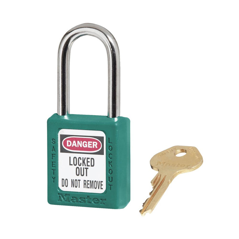 Load image into Gallery viewer, Master Lock 410 Zenex Thermoplastic Safety Padlock KD, 38mm, features a labeled green body with a metal shackle and includes a brass key, ideal for Lockout/Tagout safety applications.
