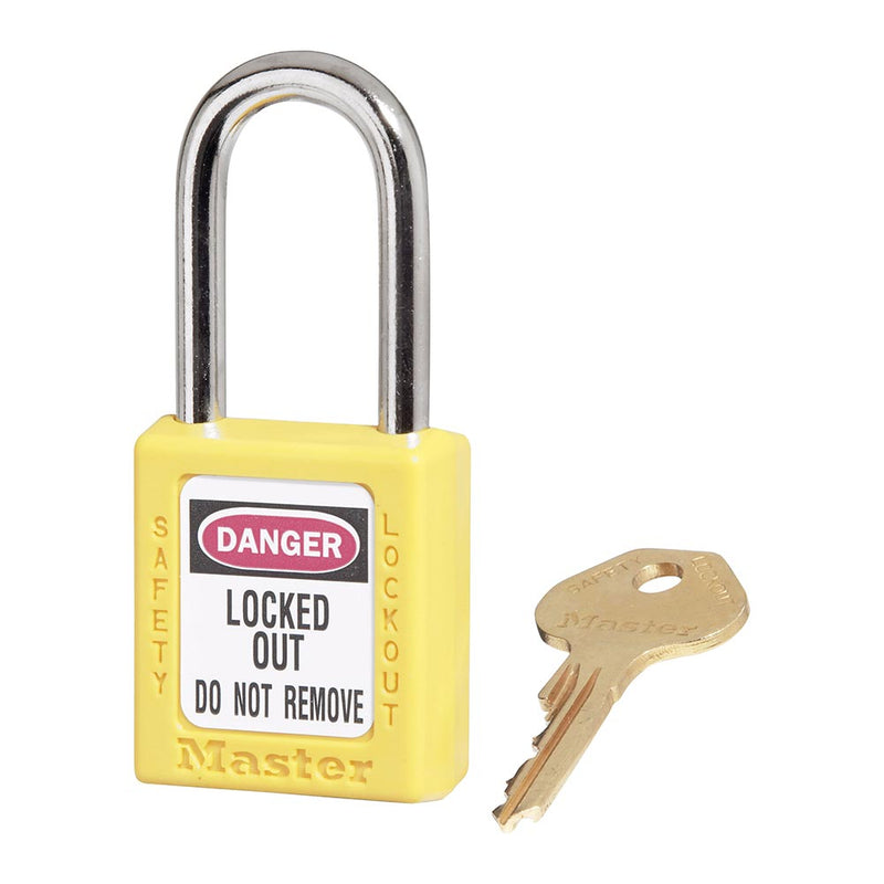 Load image into Gallery viewer, Master Lock 410 Zenex Thermoplastic Safety Padlock KD, 38mm, shown with matching brass key, features a wide plastic body and metal shackle, labeled “DANGER – LOCKED OUT – DO NOT REMOVE.”