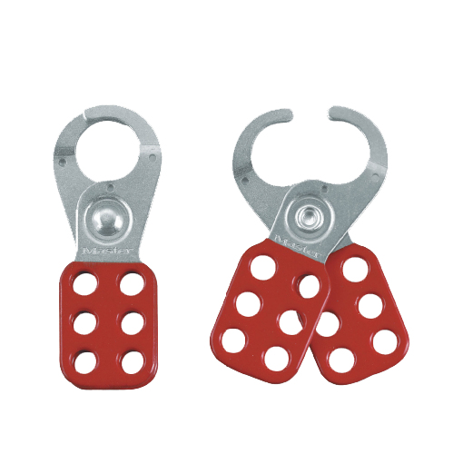 Master Lock Steel Safety Lockout Hasp 25mm features a metal design with a 25mm jaw, capable of holding six padlocks, ideal for securing equipment during maintenance.
