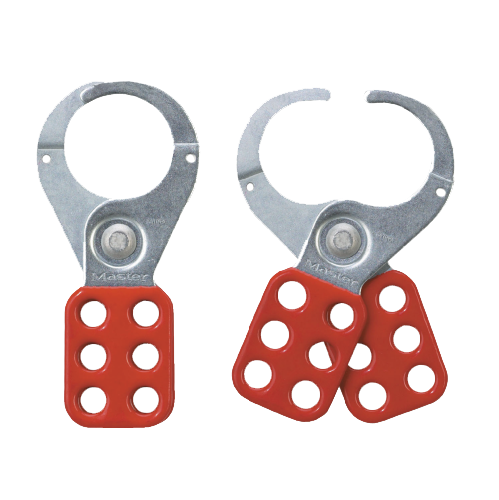 Master Lock Steel Safety Lockout Hasp 38mm, a tool designed to secure equipment during maintenance. Features a 38mm jaw diameter, accommodating up to six padlocks for multi-worker lockout safety.