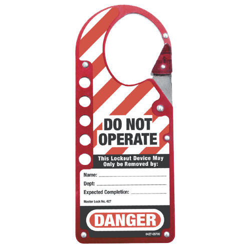 Master Lock Aluminium Lockout Hasp 178mm, featuring a durable design with integrated red and white tag for safety, enables secure lockout by multiple workers, essential for workplace safety compliance.