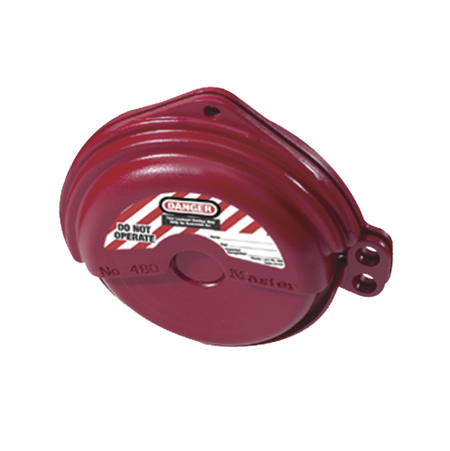 Master Lock Gate Valve Lockout 25-76mm: Close-up of a red rotating gate valve lockout device with a label, designed to secure valve handles, preventing accidental openings. Ideal for safety applications.