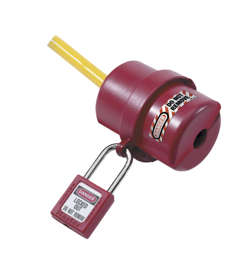 Master Lock Electrical Plug Lockout, a robust device designed to securely enclose electrical plugs, preventing accidental reconnection. Ideal for workplace safety, aligning with Active Safety's commitment to high-quality safety products.