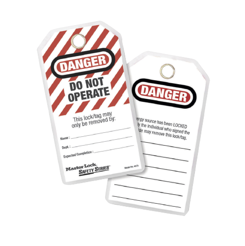 ML Lockout Tags Do Not Operate Pack/12, featuring a close-up of resilient polyester laminate tags designed to withstand water, grease, and extreme temperatures, ideal for safety compliance in workplace environments.
