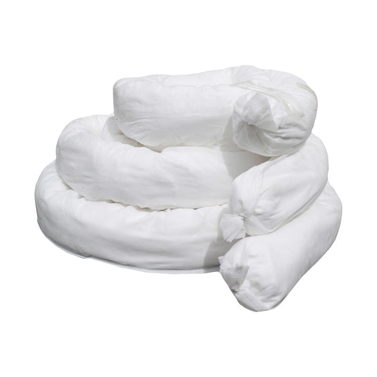Absorbent Synthetic Fibre Oil Sock designed to encircle, dam, and absorb spills, shown in a compact stack. Ideal for boat bilges and around drums, highlighting its practical application in safety and workplace environments.