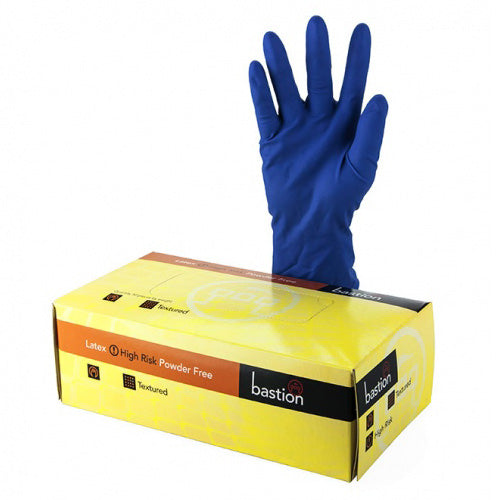 Bastion Hi-Risk Powder Free Latex Gloves Box/50 features a gloved hand emerging from a yellow box. These thicker, durable gloves offer superior protection and tactile sensitivity, ideal for safety and workplace environments.