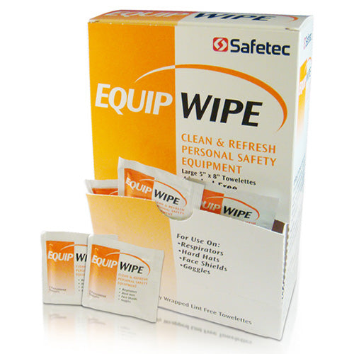 Safety Equipment Wipes Box/100 displayed with individual packets, ideal for cleaning personal gear like respirators and goggles. Perfect for on-the-go use, aligning with Active Safety's focus on workplace safety supplies.