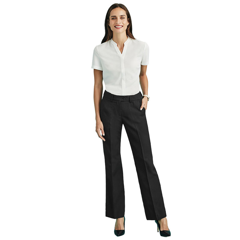 Load image into Gallery viewer, Biz Womens Cool Stretch Relaxed Pant showcased on a woman, highlighting its mid-rise waist and straight-leg design. Features include front horizontal pockets and a rear pocket, ideal for comfort and daily wear.