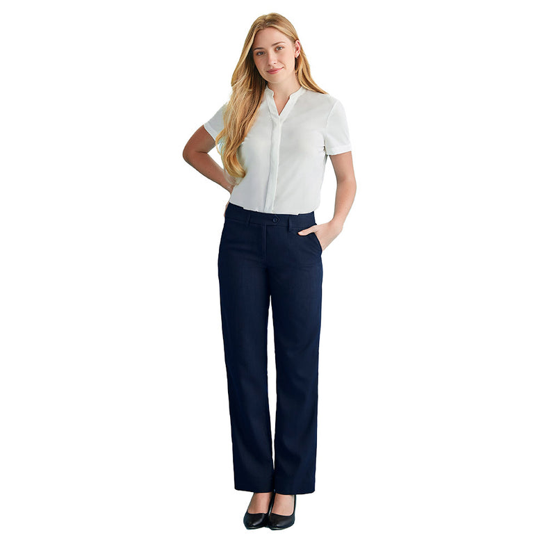 Load image into Gallery viewer, Biz Womens Cool Stretch Relaxed Pant, featuring a mid-rise waist and straight leg design, shown on a woman. This comfortable, breathable pant is perfect for active, warm-weather work environments.