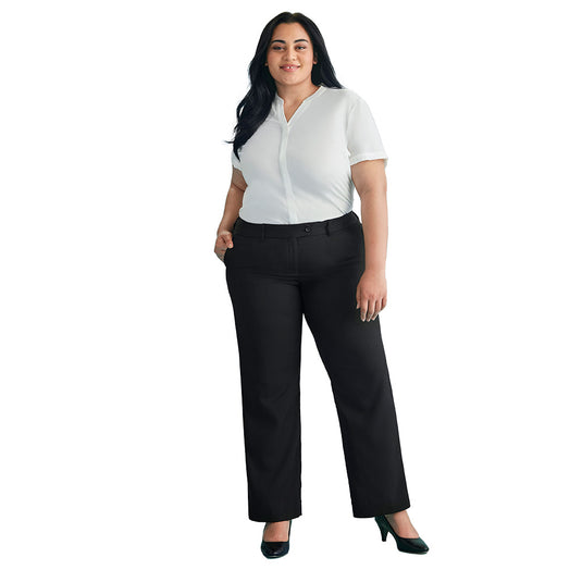 Biz Womens Cool Stretch Adjustable Waist Pant featuring a hidden elastic waist and deep front side pockets, designed for comfort with breathable, anti-bacterial fabric, ideal for professional and active environments.