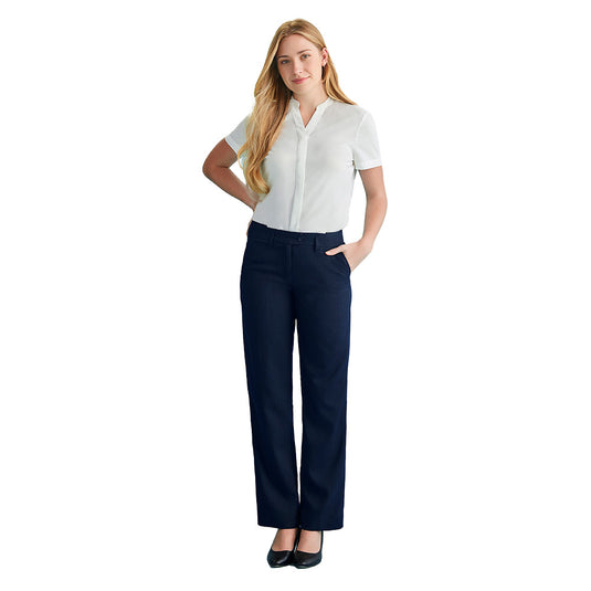 Biz Womens Cool Stretch Adjustable Waist Pant featuring a hidden elastic waistband and deep front side pockets. Designed for comfort with mechanical stretch, suitable for warmer climates with an anti-bacterial finish.
