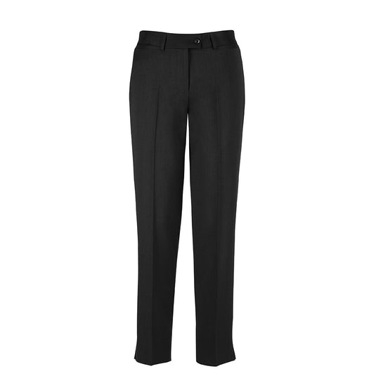 Biz Womens Cool Stretch Slim Leg Pant featuring a sleek taper to the ankle with a side split. Designed with functional front horizontal pockets and a rear pocket, ideal for active workplace environments.