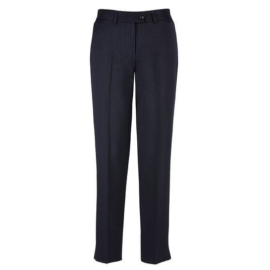 Biz Womens Cool Stretch Slim Leg Pant featuring a tapered ankle with a side split, front horizontal pockets, and a rear pocket. Designed for comfort with a breathable, durable fabric ideal for active work environments.