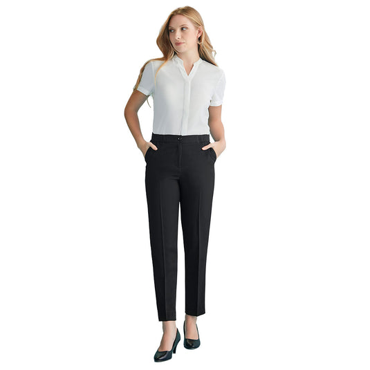 Biz Womens Cool Stretch Ultra Comfort Waist Pant featuring straight legs with slight tapering, high-rise elastic waistband, and side pockets, designed for breathability and durability in active workplace settings.