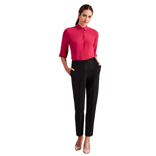 Biz Siena Women's Bandless Elastic Waist Pant, featuring a sleek silhouette with a full elastic back waistband for comfort, 7 belt loops, and functional pockets, ideal for professional and corporate settings.