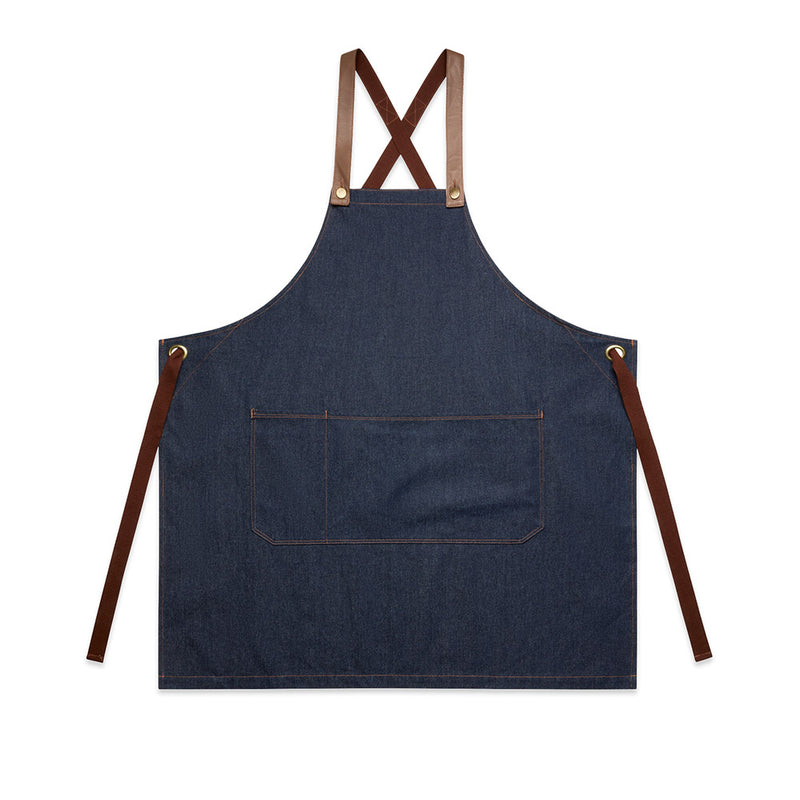 Load image into Gallery viewer, AS Colour 1084 Denim Apron, a robust 350 GSM cotton apron with removable herringbone straps, leather trim, and metal eyelets, featuring a large front pocket designed for durability and style.