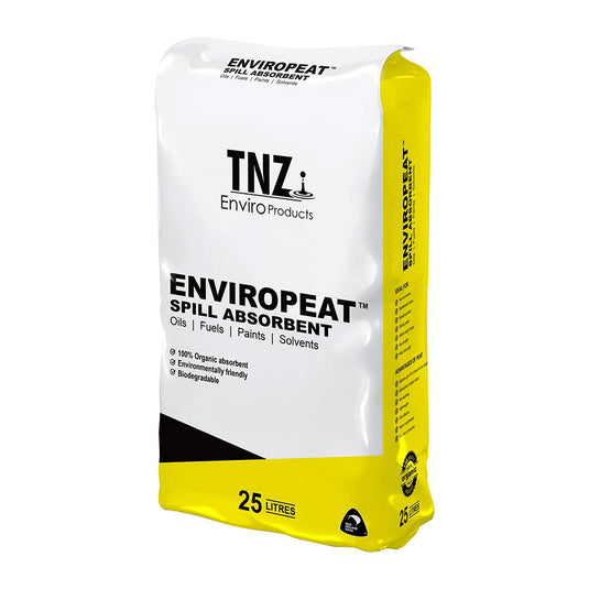 Enviropeat Absorbent Fibre in white and yellow packaging with black text, designed for efficient oil spill absorption and retrieval on land or water, reflecting Active Safety's commitment to workplace environmental safety solutions.