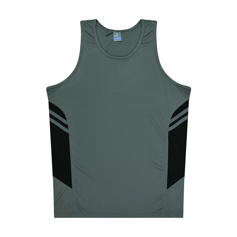 Load image into Gallery viewer, Tasman Mens Singlet featuring a slate-green body with black side panels and grey stripes, designed for athletic performance with moisture-wicking, snag resistance, and a back neck reflective tab for earphones.