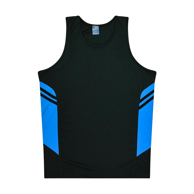 Load image into Gallery viewer, Tasman Mens Singlet featuring solid black fabric with bright blue side panels and black stripes. Ideal for team uniforms, this lightweight, moisture-wicking singlet offers durability and easy care, perfect for active environments.