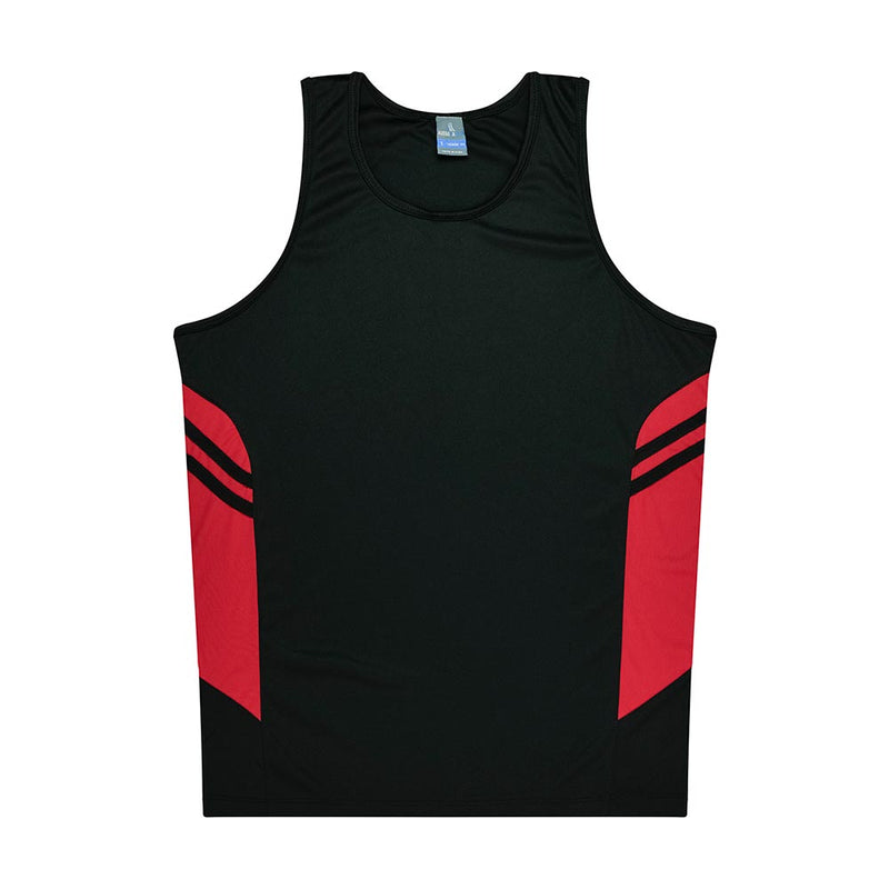 Load image into Gallery viewer, Tasman Mens Singlet, a sleek athletic tank top, features black fabric with red side panels and diagonal black stripes, designed for performance with moisture-wicking, snag resistance, and a reflective tab for earphones.