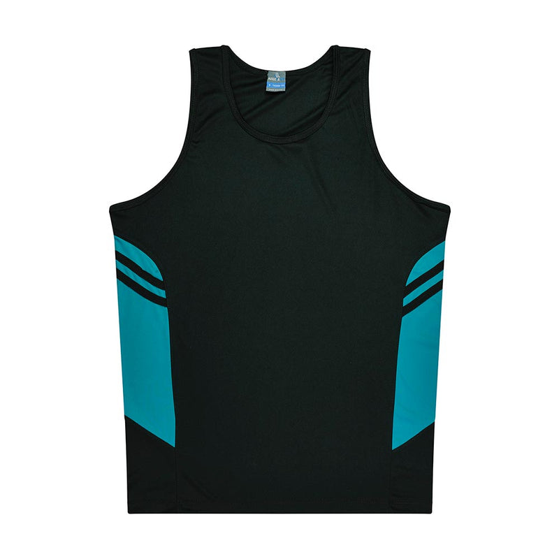 Load image into Gallery viewer, Tasman Men's Singlet features a sleek design with black and teal side panels, angled stripes, and a bound edge finish, offering lightweight, snag-resistant performance ideal for team uniforms from Active Safety.