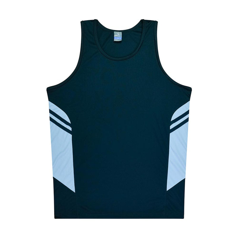 Load image into Gallery viewer, Tasman Mens Singlet with light-blue side panels and reflective tab, designed for sports. Features moisture-wicking, snag-resistant fabric, ideal for team uniforms or active safety workwear.