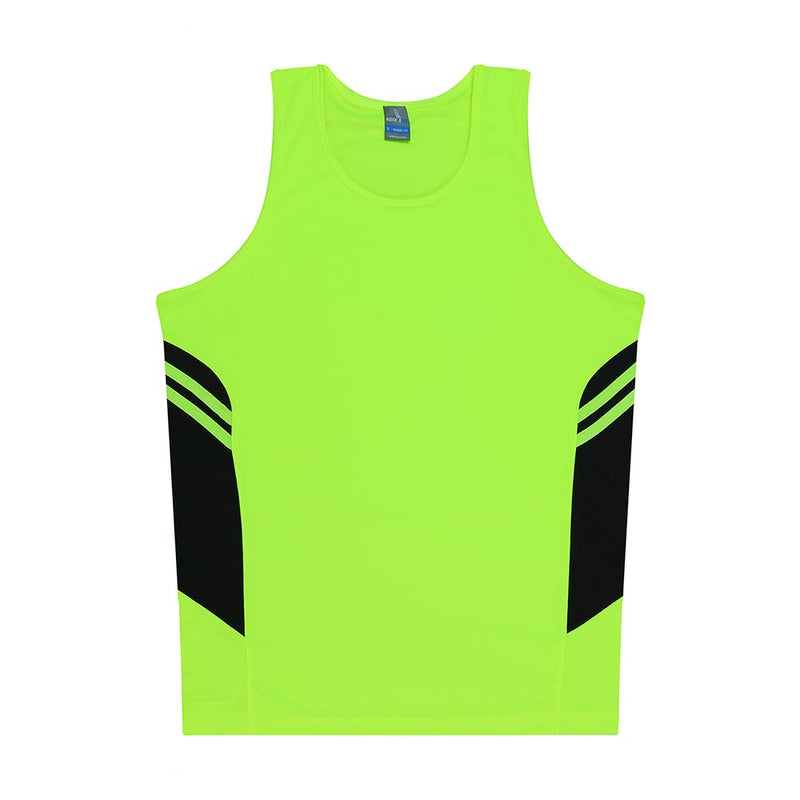 Load image into Gallery viewer, Tasman Mens Singlet featuring neon green high-visibility fabric with black side panels and stripe accents, designed for lightweight performance with moisture-wicking and antibacterial properties, ideal for active safety environments.